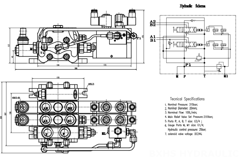 DCV100 Elektrohidrolik 2 Makara Kesitsel Yönsel Valf drawing image