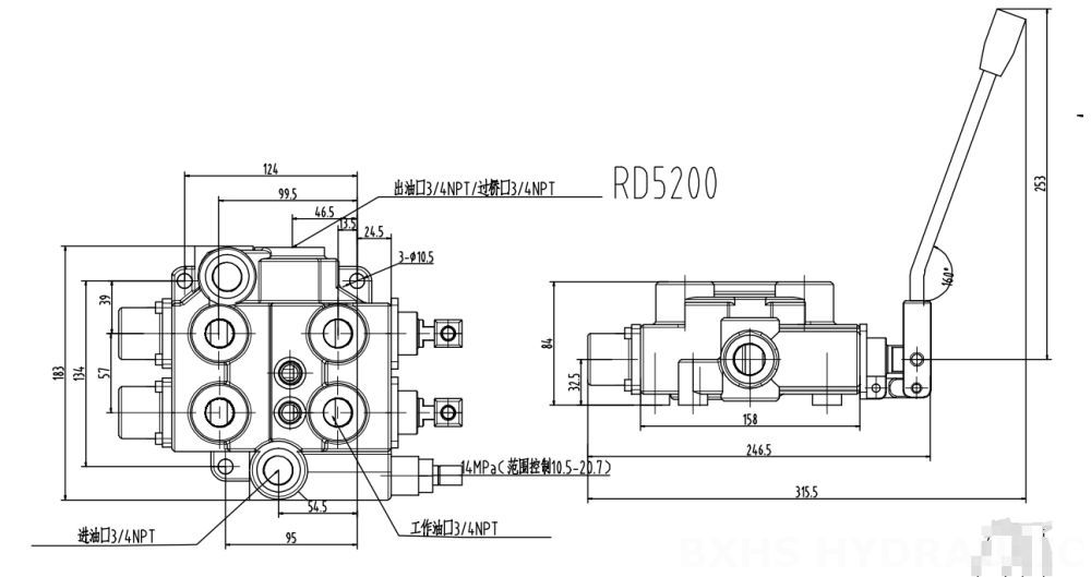 RD5200 Manuel 2 Makara Hidrolik Kontrol Vanası drawing image