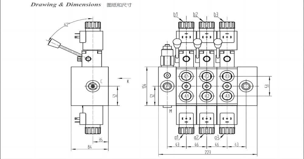 DCV58 Solenoid ve Manuel 3 Makara Kesitsel Yönsel Valf drawing image