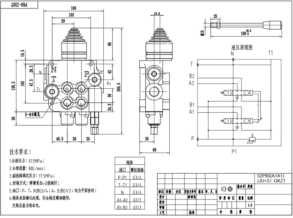 P80-G12-G34 Manuel ve Joystick 2 Makara Monoblok Yönsel Valf drawing image