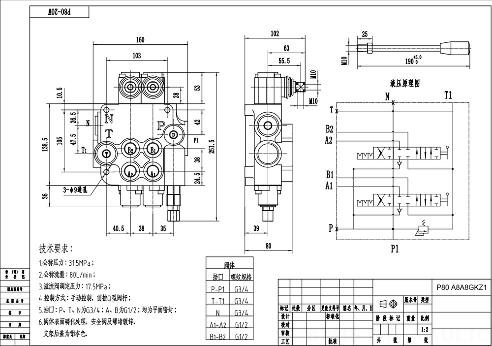 P80-G12-G34-OW Manuel 2 Makara Monoblok Yönsel Valf drawing image