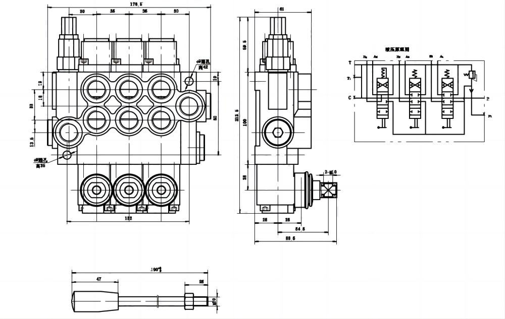 P40-U78-U34-2OT-YW Manuel 3 Makara Monoblok Yönsel Valf drawing image