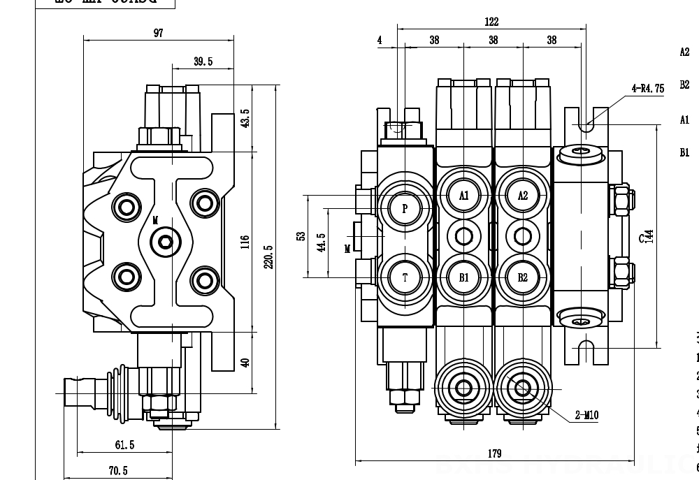 DCV60-Double control Manuel 2 Makara Kesitsel Yönsel Valf drawing image