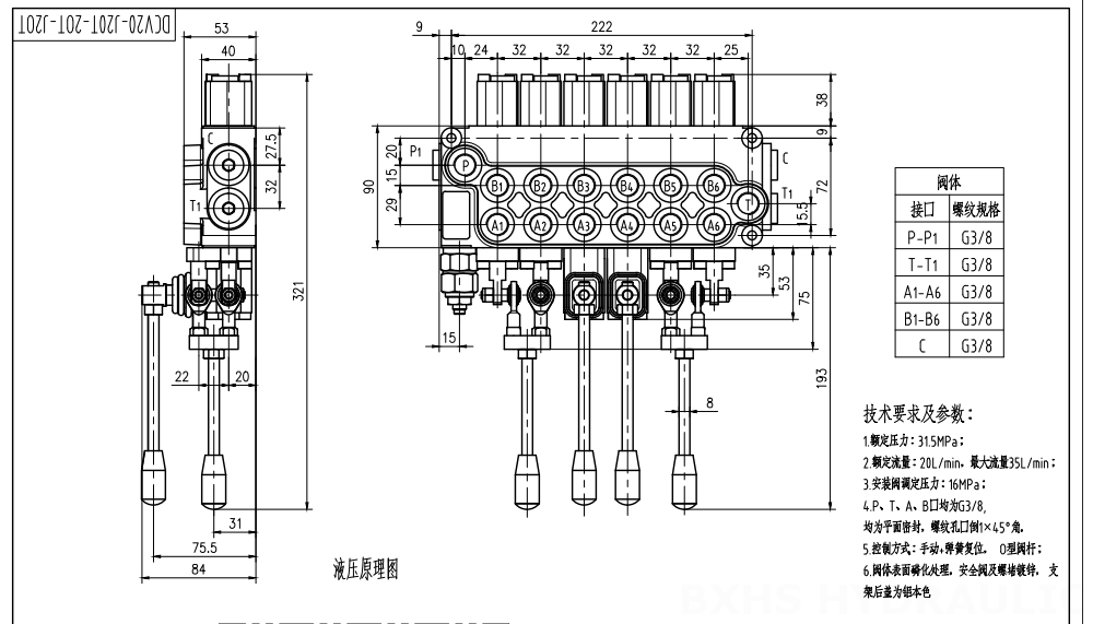 DCV20_Joystick and Manual Manuel ve Joystick 6 Makara Monoblok Yönsel Valf drawing image