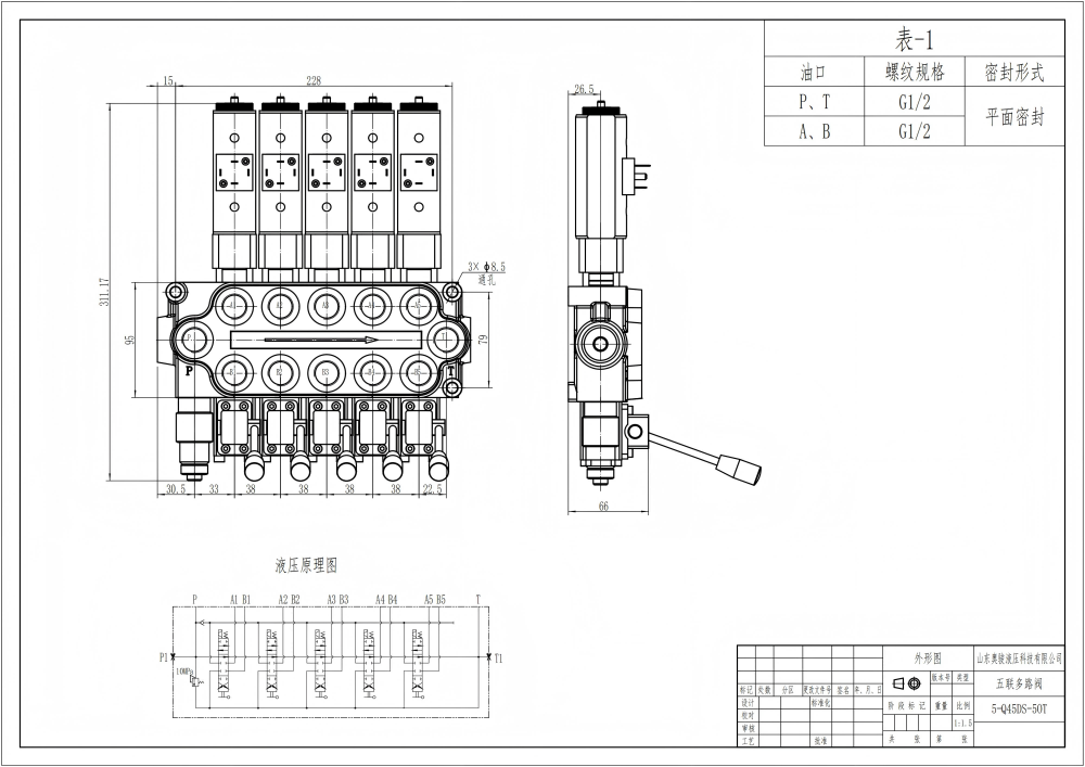 Q45 Solenoid ve Manuel 5 Makara Monoblok Yönlendirmeli Vana drawing image