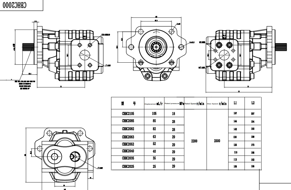 CBHC-2082 82 cc/devir 28 MPa (4061 psi) Hidrolik Dişli Pompa drawing image