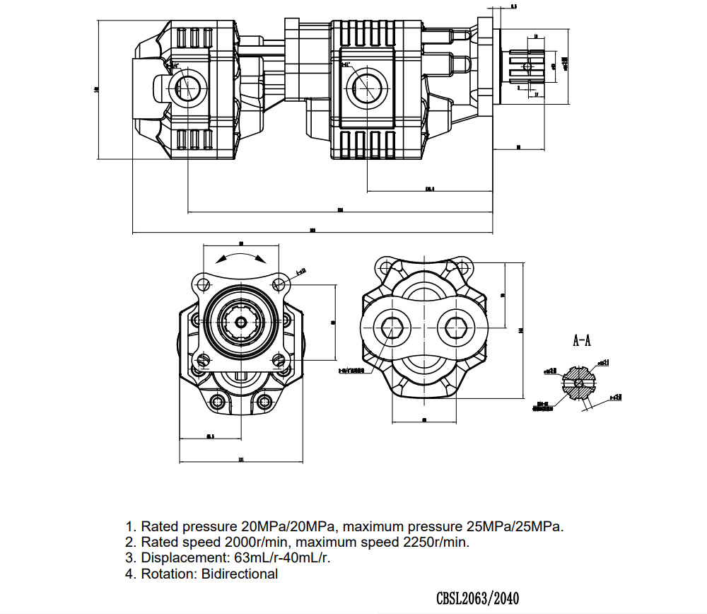 CBSL-2063-2040 63 cc/dev 20 MPa (2900 psi) Hidrolik Dişli Pompa drawing image