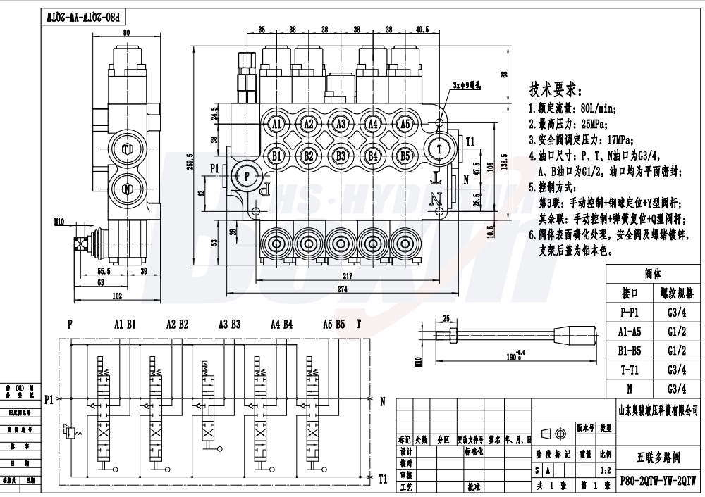 P80-G34-G12-2QTW-YW-2QTW Manuel 5 Makara Monoblok Yönlendirmeli Vana drawing image