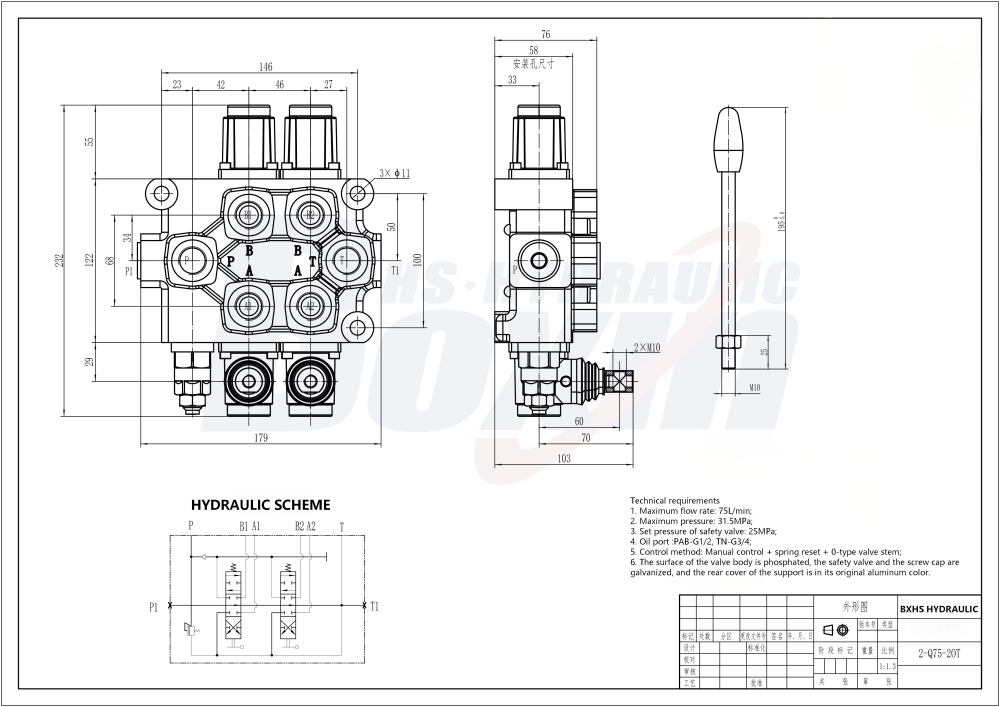 Q75 Manual 2 Spool Monoblock Valve for Mobile Hydraulics drawing image