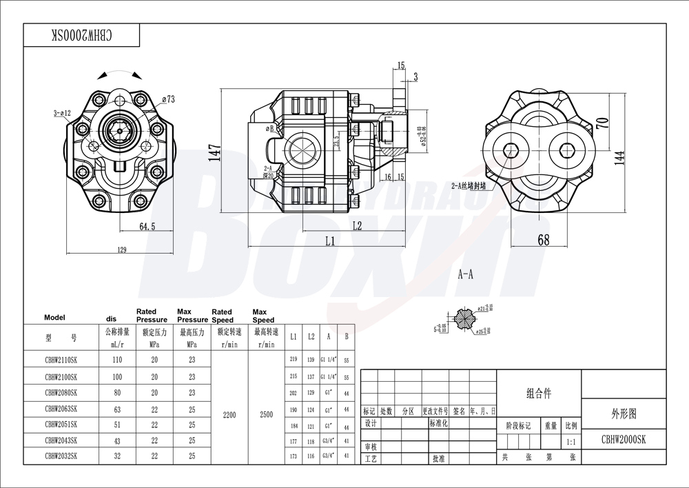 CBHW-UNI-80 80 cc/devir 25 MPa (3625 psi) Hidrolik Dişli Pompa drawing image