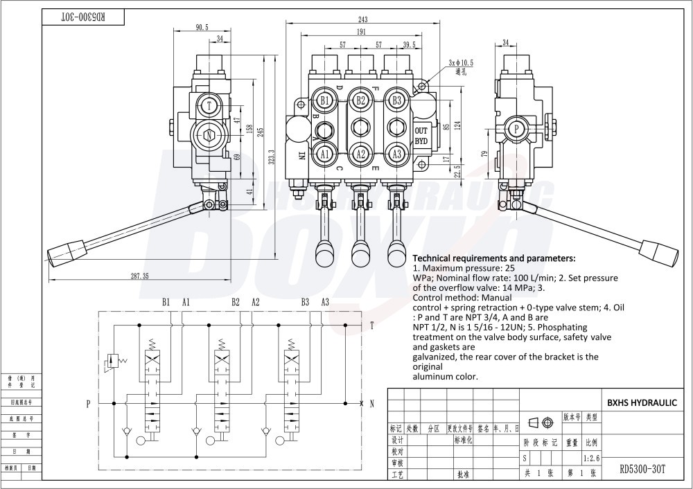 Factory Source RD5300NPT-3OT 3 Spool Manual Hydraulic Valve for Global Market drawing image